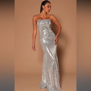 Fashion Nova Silver Sequin Maxi Dress